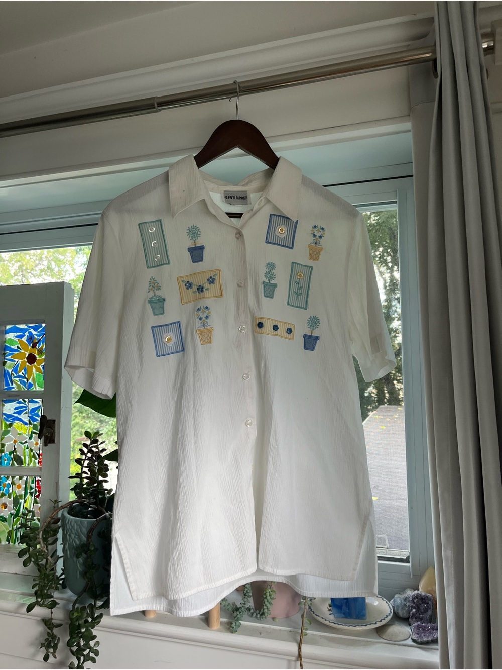 Alfred Dunner White Short-Sleeve Shirt with Blue & Yellow Embroidery